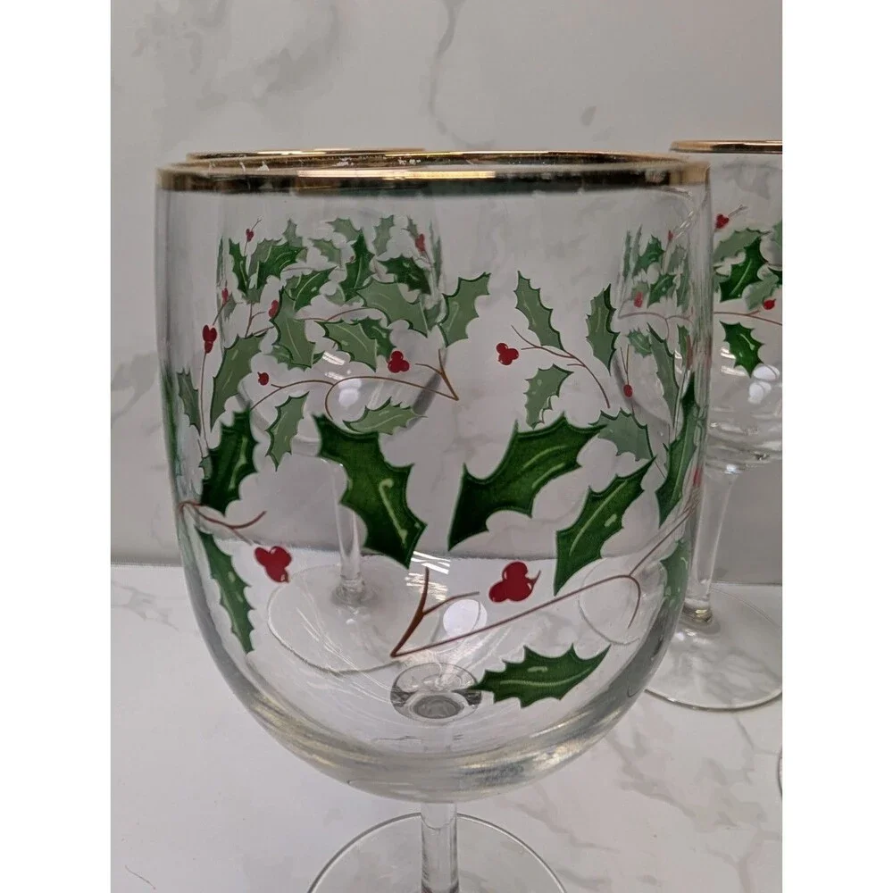 Lenox Holiday Dimension Holly Berry 10 Oz Goblets Set of 4 Thick Gold Band
